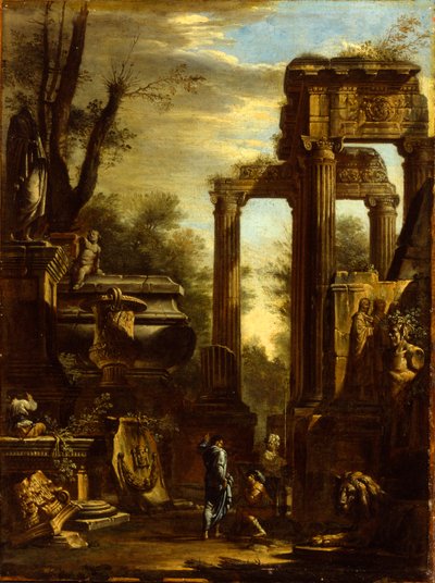 Capriccio di rovine classiche e statue con figure che conversano da Giovanni Ghisolfi
