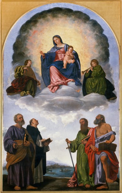 Madonna in gloria con il Bambino Gesù, due angeli musicisti, San Pietro, San Domenico, San Paolo e San Girolamo (Pala di Pesaro) da Giovanni Girolamo Savoldo
