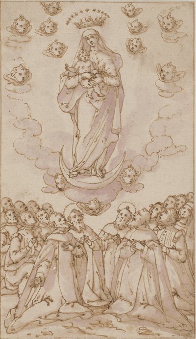 Madonna col Bambino su una luna crescente appare a un gruppo di santi, sacerdoti e laici da Giovanni Guerra