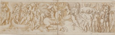 Soldati romani che attraversano un fiume in barche (in gran parte restaurato; XXXIV)2; un soldato romano combattente (dalla fine di XXIV); guardie romane che portano prigionieri barbari davanti all