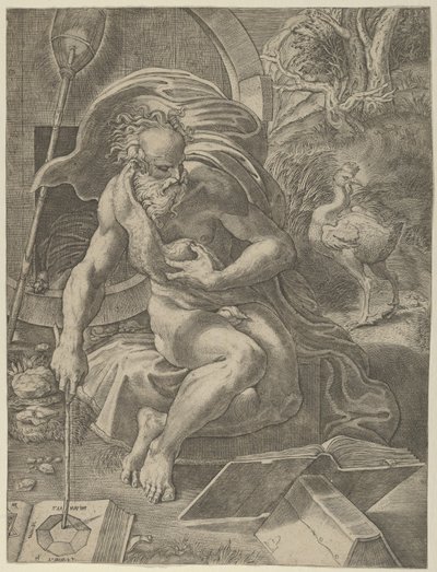 Diogene seduto con il suo barile dietro di lui, e legge un libro tenendo un bastone da Giovanni Jacopo Caraglio