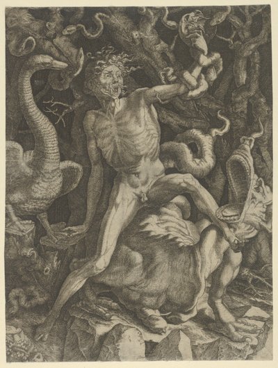 Furia personificata come un vecchio che cavalca un mostro, con un teschio nella mano sinistra da Giovanni Jacopo Caraglio