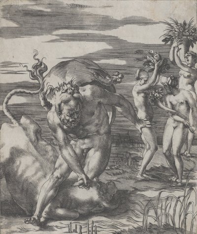 Ercole che sconfigge il dio del fiume Acheloo in forma di toro, con tre donne da Giovanni Jacopo Caraglio