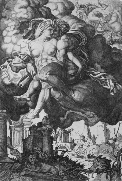 Issione che tenta di sedurre Giunone, circondato da nuvole con rovine sotto da Giovanni Jacopo Caraglio