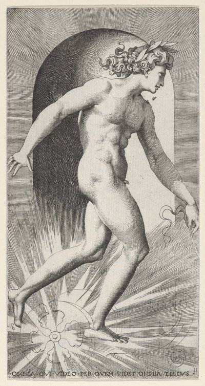 Apollo che guida il suo carro in una nicchia, rivolto a destra, da una serie di mitologia da Giovanni Jacopo Caraglio