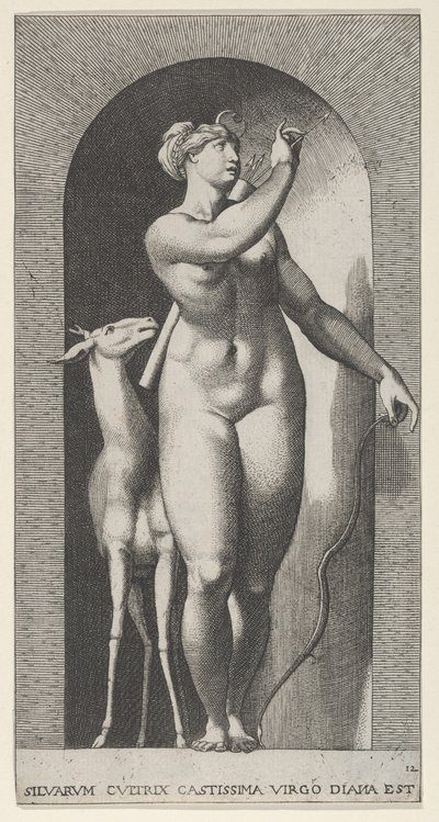 Piastra 12: Diana in piedi in una nicchia, girandosi a sinistra e tirando una freccia da Giovanni Jacopo Caraglio