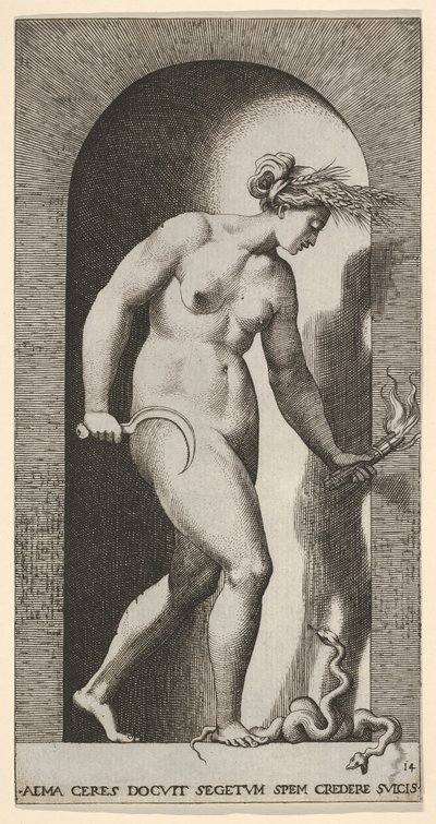 Piatto 14: Cerere in una nicchia, rivolta a destra, sopra un serpente a due teste e tenendo un... da Giovanni Jacopo Caraglio