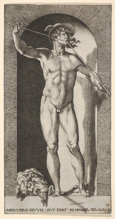 Tavola 14: Mercurio in una nicchia che suona il flauto, con la testa mozzata di un vecchio, 1526 da Giovanni Jacopo Caraglio