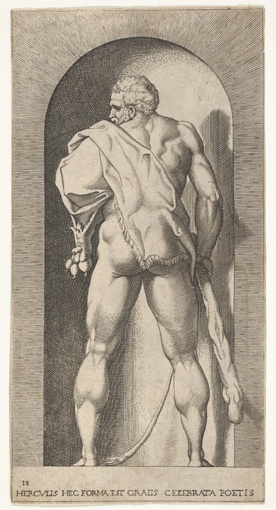Tavola 15: Ercole in piedi in una nicchia, indossa una pelle di leone e tiene una clava, visto da..., 1526 da Giovanni Jacopo Caraglio