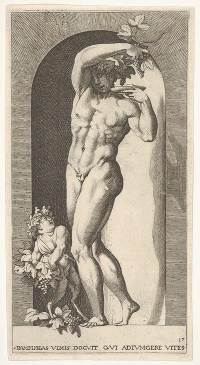 Piatto 17: Bacco in piedi in una nicchia, che tiene uva sopra un piatto, accompagnato da un infante da Giovanni Jacopo Caraglio