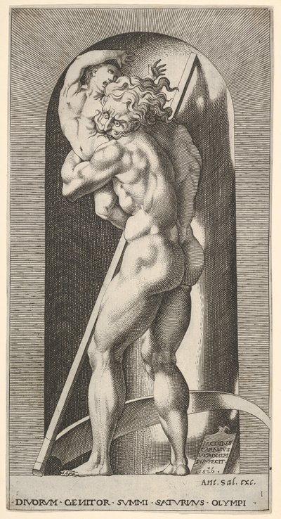 Saturno in una nicchia che divora suo figlio, davanti a una falce, da una serie di... da Giovanni Jacopo Caraglio