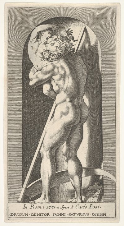 Tavola 1: Saturno in una nicchia che divora suo figlio, davanti a una falce, da una serie di m..., 1526 da Giovanni Jacopo Caraglio