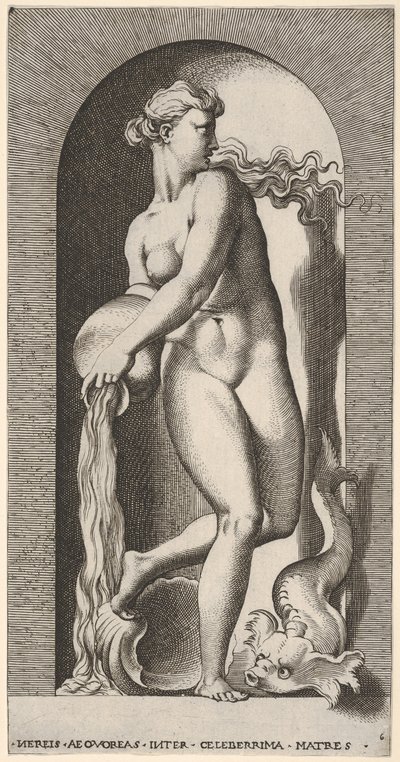 Tavola 6: Teti in piedi in una nicchia con una conchiglia e una creatura marina, che versa acqua, 1526 da Giovanni Jacopo Caraglio