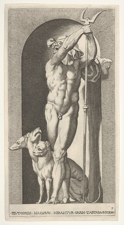Tavola 7: Plutone in una nicchia, con un bidente, con Cerbero accanto a lui, da una serie di..., 1526 da Giovanni Jacopo Caraglio