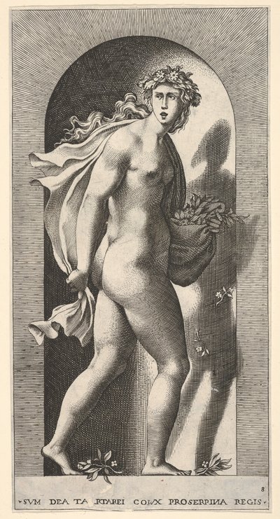 Tavola 8: Proserpina, in piedi in una nicchia, girata a destra mentre tiene il mantello in bo..., 1526 da Giovanni Jacopo Caraglio
