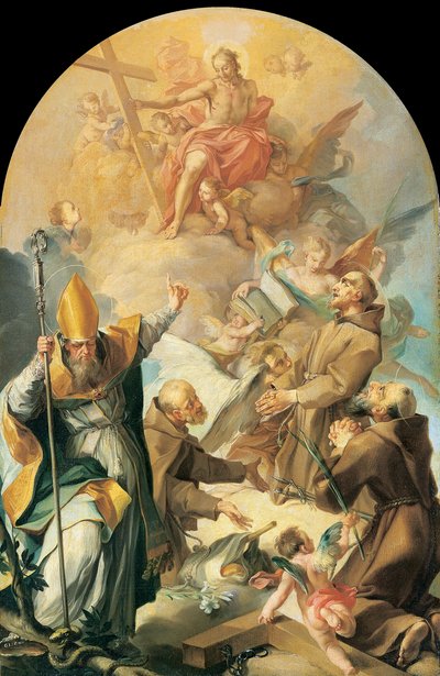 Tre santi cappuccini e un vescovo adorano Cristo e la croce da Giovanni Lanfranco