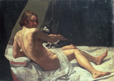 Giovane uomo sdraiato su un letto con un gatto, 1620 da Giovanni Lanfranco