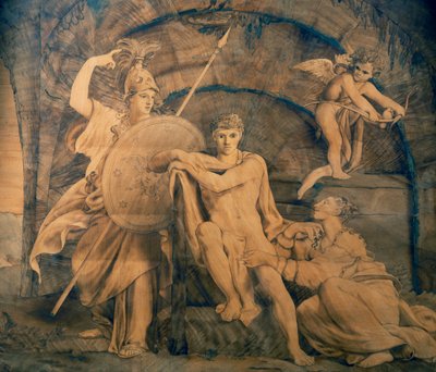 Ercole al bivio tra Vanità e Fama, intarsio di Giovanni Maffezzoli da un disegno del pittore Giuseppe Diotti, Italia da Giovanni Maffezzoli
