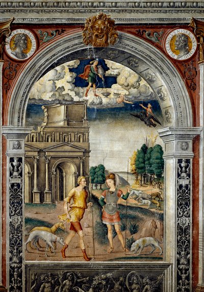 Segno dello Zodiaco: “Acquario” Medaglioni in alto con ritratti degli imperatori Settimio Severo e Pescennio Nigro, suo rivale. Sotto, leggenda associata alla nascita della costellazione corrispondente al segno: la divinità Diana con un cacciatore di front da Giovanni Maria Falconetto