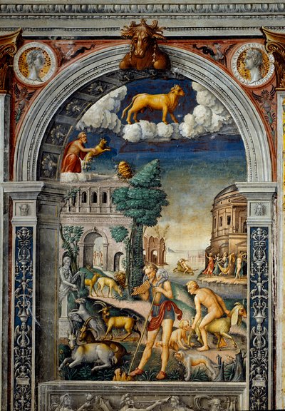 Segno dello zodiaco: “Il toro” Medaglioni in alto con ritratti di Tiberio e Caligola. Sotto, leggenda associata alla nascita della costellazione corrispondente al segno: il dio Pan che suona il flauto. A sinistra, una capra depone un piccolo. B da Giovanni Maria Falconetto