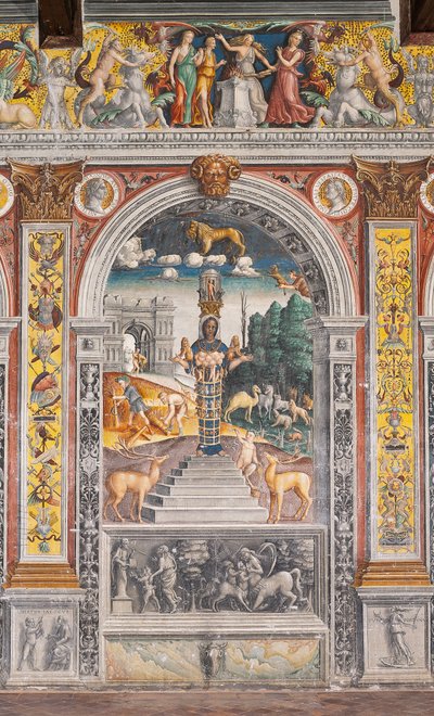 Il segno astrologico del Leone con Diana, due cervi e un satiro come su un sarcofago nel Palazzo di Bleinhaim; sullo sfondo l