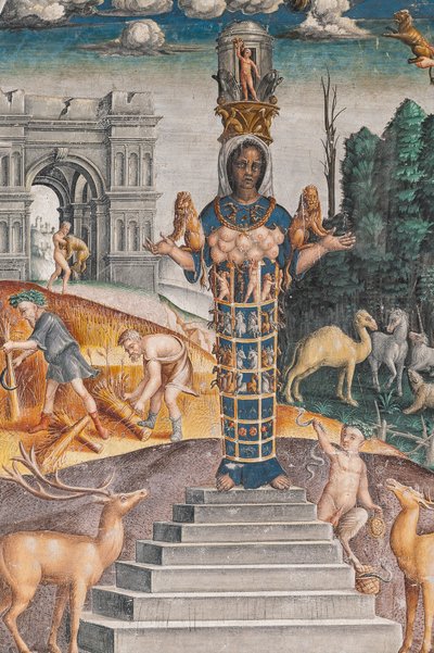 Il segno astrologico del Leone con Diana, due cervi e un satiro come su un sarcofago nel Palazzo di Bleinhaim; sullo sfondo l