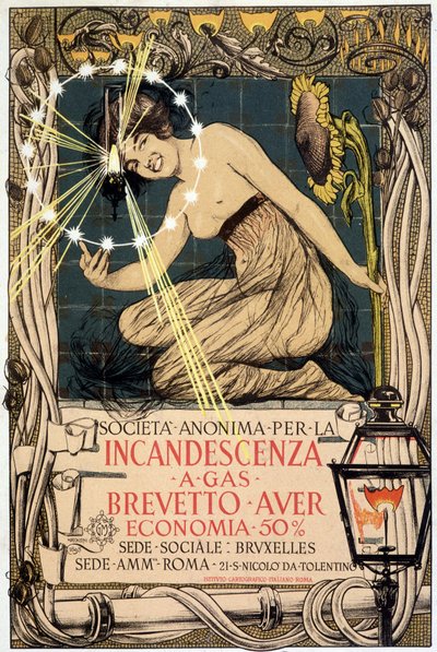 Pubblicità per lampada a gas incandescente, di Mataloni, Italia da Giovanni Maria Mataloni
