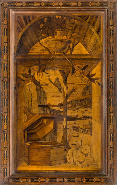 Coro canonico ligneo, intarsiato da Giovanni Maria Platina 1484, stallo superiore da Giovanni Maria Platina