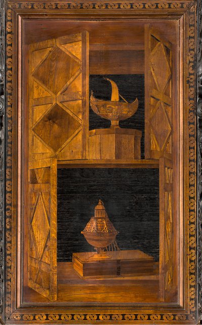 Coro canonico ligneo, intarsiato da Giovanni Maria Platina 1484, stallo superiore da Giovanni Maria Platina