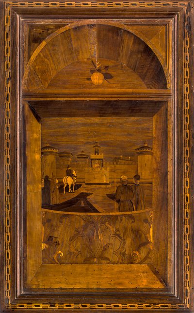 Coro Canonico Ligneo, Intarsiato da Giovanni Maria Platina 1484, Stallo Superiore, Vista del Castello Sforzesco di Milano da Giovanni Maria Platina