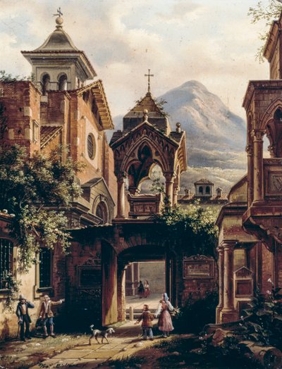 Esterno di antica abbazia con persone da Giovanni Migliara