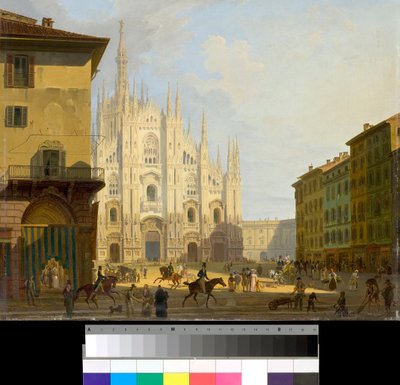 Vista di Piazza Duomo a Milano, Italia (Piazza del Duomo a Milano) Dipinto di Giovanni Migliara (1785-1837) 1828 Collezione privata da Giovanni Migliara