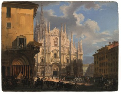 Veduta di Piazza Duomo con il coperto dei Figini e l