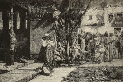 Maddalena, donna con turbante e processione in villaggio mediorientale, incisione dei fratelli Cantagalli da dipinto di Giovanni Muzzioli (1854-1894), Modena, Italia da L