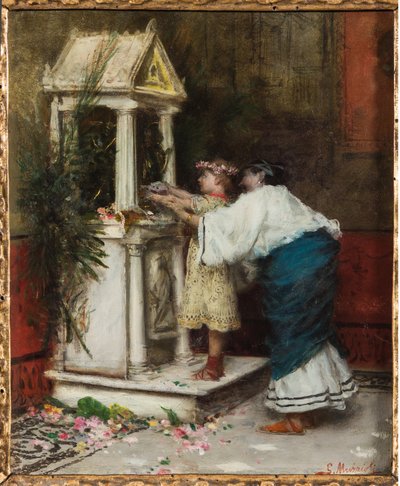 Madre e figlia davanti a un piccolo tempio da Giovanni Muzzioli