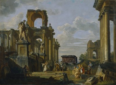 Capriccio architettonico del Foro Romano con filosofi e soldati tra antiche rovine da Giovanni Paolo Pannini