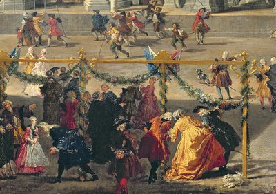 Preparativi per lo spettacolo pirotecnico tenuto a Piazza Navona, Roma, per celebrare la nascita del Delfino, 1729 (dettaglio) da Giovanni Paolo Pannini