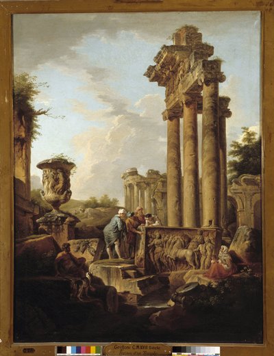 Paesaggio di rovine romane con resti di un tempio di Saturno o l