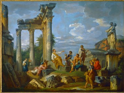Predatore in mezzo alle rovine di Roma arricchite di figure, con il Pantheon e la statua di Flora... (dipinto su tela) da Giovanni Paolo Pannini or Panini