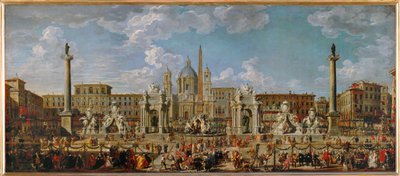 I preparativi per lo spettacolo pirotecnico e le decorazioni per i festeggiamenti in Piazza Navona a Roma il 30 novembre ... da Giovanni Paolo Pannini or Panini