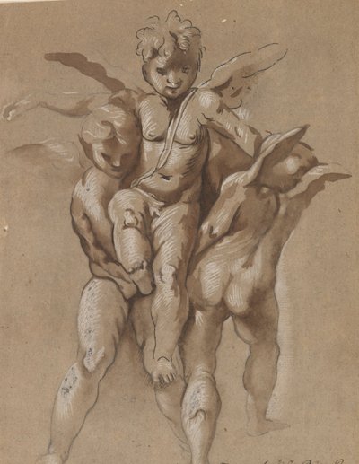 Due putti che portano un terzo putto (recto); Un giovane con un bastone (verso) da Giovanni Pietro Possenti