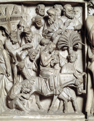 (dettaglio) dei rilievi del Pulpito di Marmo, fuga in Egitto da Giovanni Pisano
