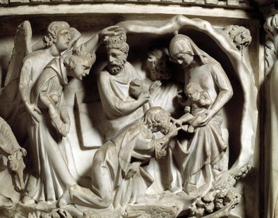 (dettaglio) dei rilievi del Pulpito di Marmo, adorazione dei magi da Giovanni Pisano