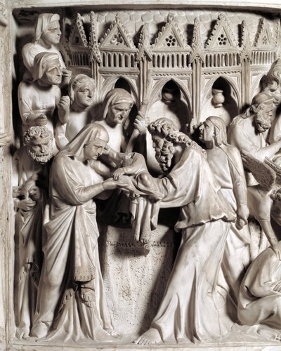 Dettaglio dei rilievi del pulpito realizzato da Giovanni Pisano: la presentazione di Gesù al tempio (dettaglio) 1302-1311 Cattedrale di Pisa, Italia da Giovanni Pisano