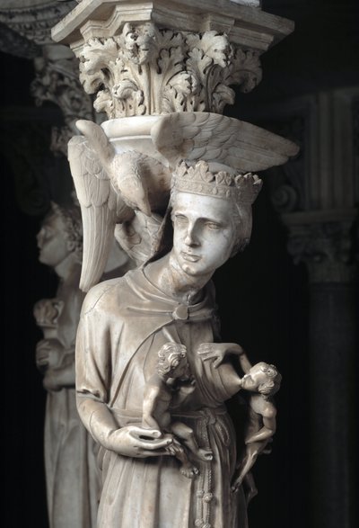 Dettaglio dei gruppi scolpiti che sostengono la cattedra realizzata da Giovanni Pisano: la Chiesa nutre i suoi figli (dettaglio) da Giovanni Pisano