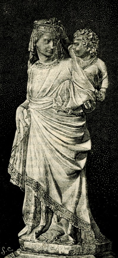 Madonna col Bambino, statua di Giovanni Pisano, Duomo di Prato, Toscana, Italia, xilografia da Le cento città d