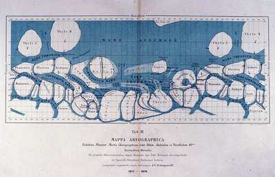 Mappa del pianeta Marte di Giovanni Virginio Schiaparelli (1835-1910) astrofisico. Osservò configurazioni rettilinee sul pianeta Marte, che chiamò i canali marziani (canali). 1877-1878 da Giovanni Schiaparelli