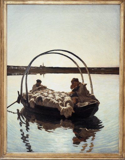 Ave Maria: Una madre che tiene il suo bambino con un gregge di pecore su un traghetto che attraversa un fiume da Giovanni Segantini