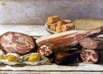 La gioia del colore, natura morta di salumi. Dipinto di Giovanni Segantini (1858-1899). 1886. Milano, collezione privata da Giovanni Segantini