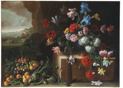 Crisantemi, tulipani, iris e altri fiori e frutti in un paesaggio da Giovanni Stanchi